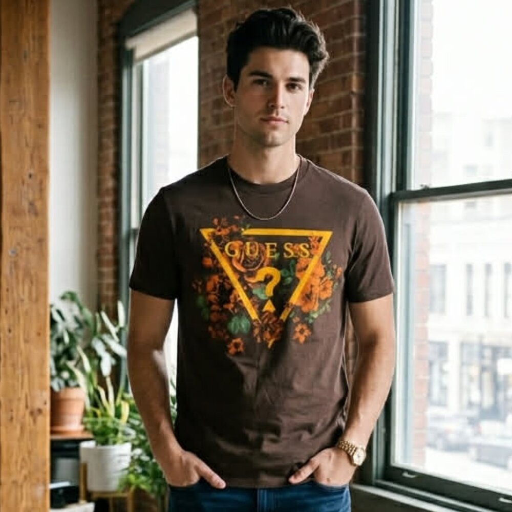 GUESS Men Brown Short Sleeve Tee Shirt Size Small Classic Triangle